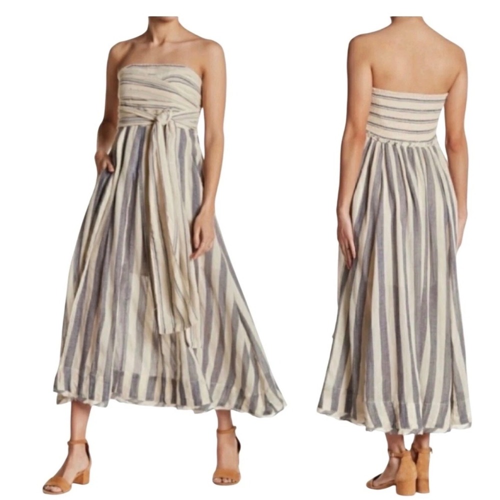 Free People Strip Me Up Strapless Maxi Dress Boho Tie Sz Lg EUC Flow Fringe Chic